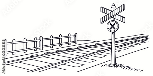 Cuadro en lienzo Railway track crossing with warning sign and wooden fence rail line track side c