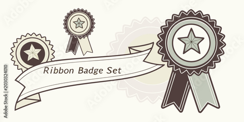Fotografía Set of decorative ribbon rosette badges with star insignia first place award rib