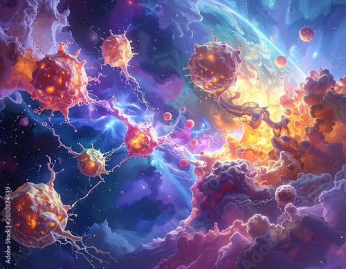 A vibrant cosmic scene with glowing orange and purple clouds