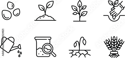 Black line icons of plants and gardening tools