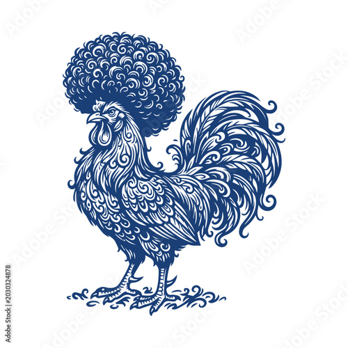 Ornamental Rooster with Curly Afro Feathers Line Art Design