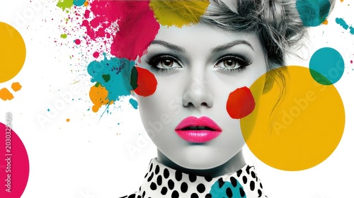 Vibrant Abstract Portrait with Colorful Paint Splashes and Polka Dots