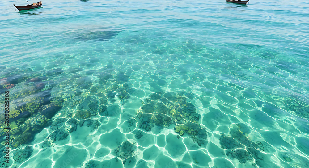 Fototapeta premium Blue water in the sea. A beautiful tropical coral reef thrives in the clear turquoise ocean water near a sunny summer beach, making it a perfect vacation destination for scuba diving and snorkeling.