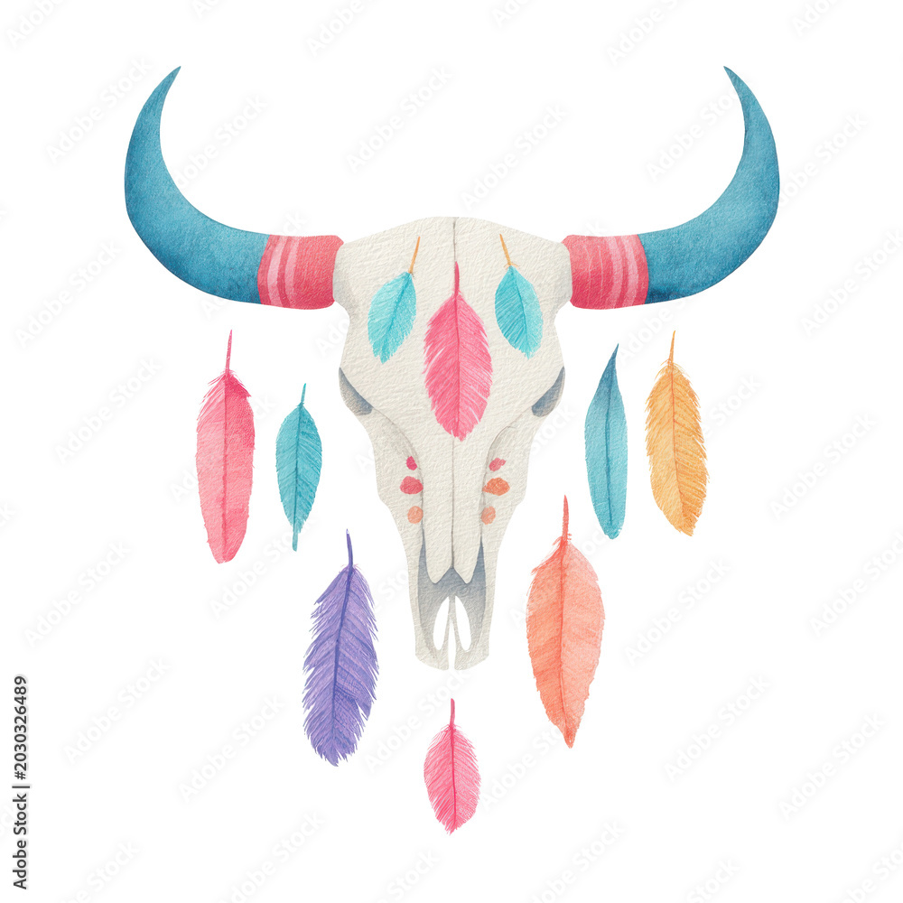 Fototapeta premium Colorful Indian style bull skull with hanging feathers, vibrant and artistic design.