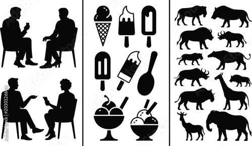 Photography Black Silhouette Set of Business Meetings Ice Cream Desserts and Wild Animals Ve