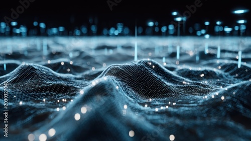 Digital landscape displays complex data waves illuminated by glowing points of light in a dark environment.