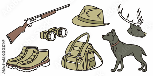 Fotografie Set of hunting equipment and gear icons in colorful illustration style with outd