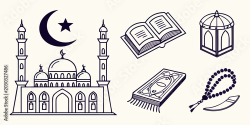 Fotografie Collection of islamic religious symbols and elements for ramadan and eid with re