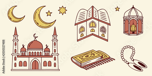Photos Set of colorful islamic religious icons for ramadan and eid celebration with rel