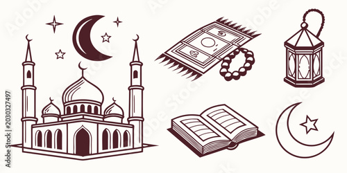 Quadro su tela Set of outline islamic religious icons for ramadan and traditional culture with