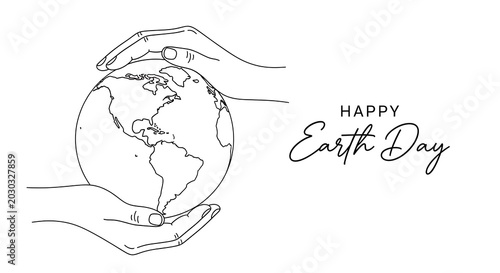 Happy earth day line drawing of hands holding a globe