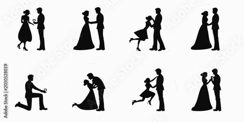 Foto Set of romantic couple silhouettes in wedding poses for valentine day or marriag