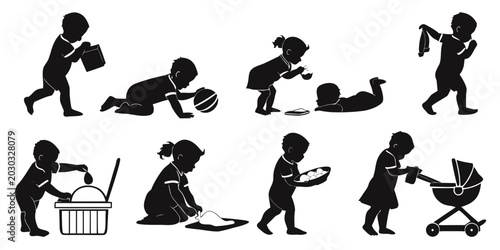 Photos Set of baby and toddler silhouettes engaged in various daily childhood activitie