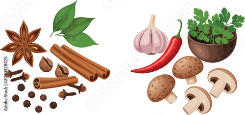 Collection of aromatic spices and fresh ingredients vector illustrations featuring cinnamon, garlic, chili peppers, mushrooms and culinary herbs