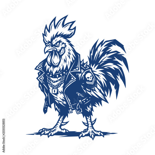 Punk Rock Rooster in Leather Jacket Cartoon Line Art Design