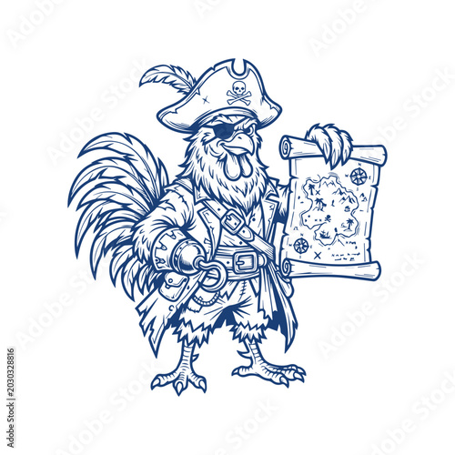 Pirate Rooster Holding Treasure Map Line Art Design