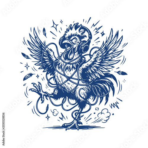 Rockstar Chicken with Headphones Cartoon Line Art Design