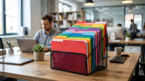 Colorful Office Folders and Document Organization in a Modern Workplace