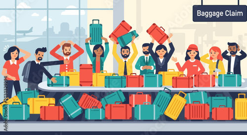 Canvas Print Frustrated Travelers Wait for Luggage at Airport Baggage Claim Carousel