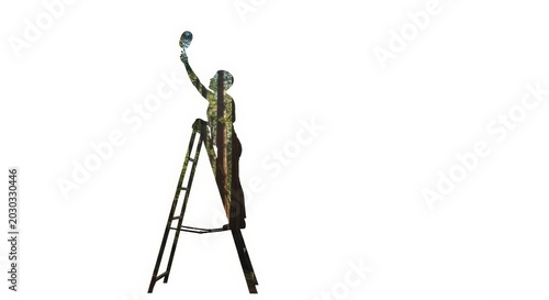 Person Standing on Ladder Reaching for High Point