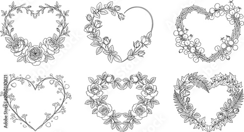 Schilderij op canvas Collection of heart shaped floral wreath vector illustrations featuring romantic