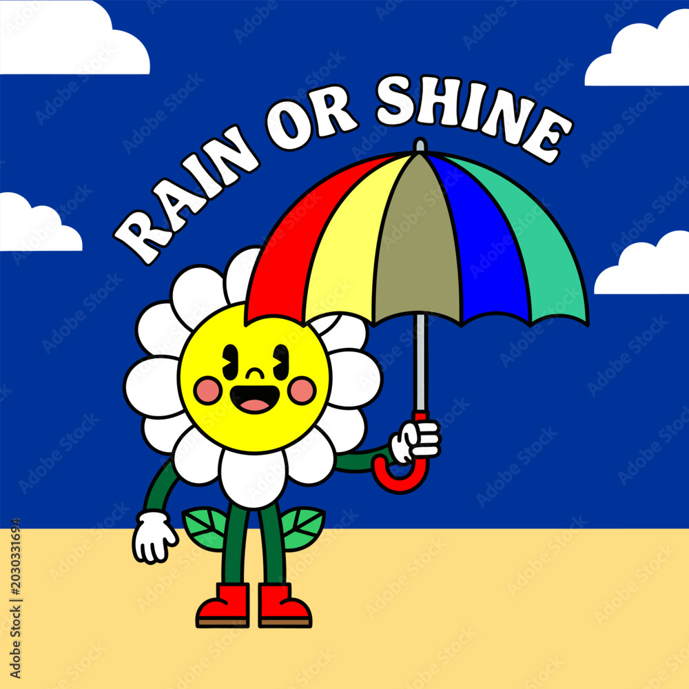 Fototapeta premium Colorful cartoon flower character holds umbrella on sunny beach