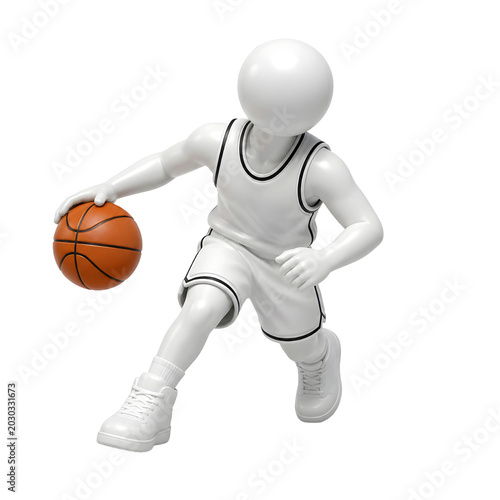 3D Human Figure Dribbling Basketball Isolated on White Background