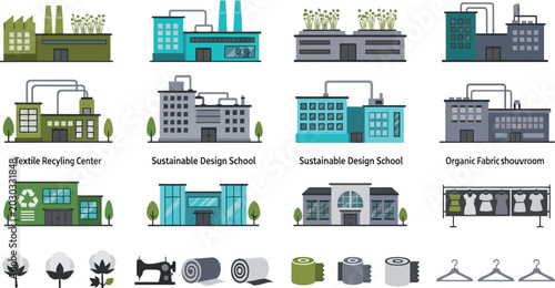Sustainable textile factory icons, eco-friendly fashion manufacturing buildings, set of 12 green industry vector illustrations for organic fabric production