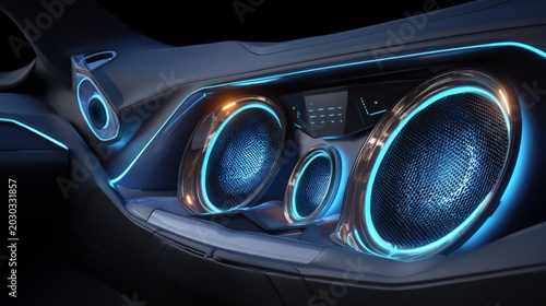 Futuristic Car Interior with Neon Blue Lighting and High-Quality Audio Speakers Showcasing Modern Technology and Design Elements for Automotive Enthusiasts