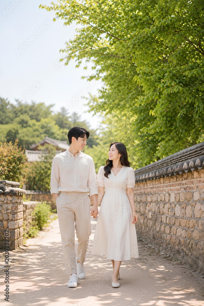 Fototapeta premium 돌담길을 걷는 커플