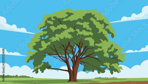Photography Flat vector illustration of a majestic green tree standing prominently in a vibrant summer field landscape