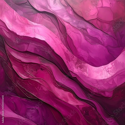A vibrant abstract artwork featuring wavy, layered pink and purple hues