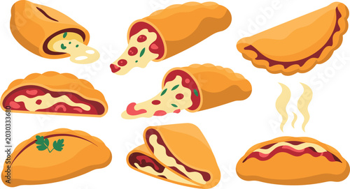 Foto Delicious Cartoon Calzone and Empanada Set with Melted Cheese and Tomato Sauce,