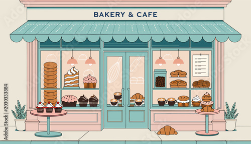 Fotografie A charming pastel-colored bakery and cafe storefront with an awning, displaying various baked goods like cakes, cupcakes, bread, and croissants in its windows