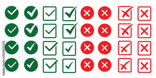 Check tick mark icon set. Cross box x check mark checkbox v list vector draw hand drawn sketch doodle brush marker checklist symbol wrong right circle. Vector Illustration. Red, Green, Black color EPS