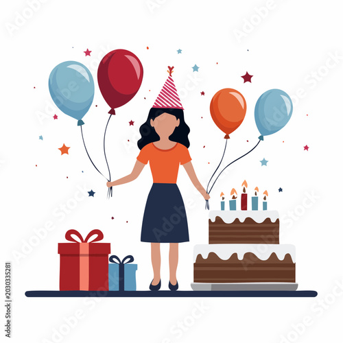 Woman Celebrating Birthday with Cake, Balloons, and Gifts
