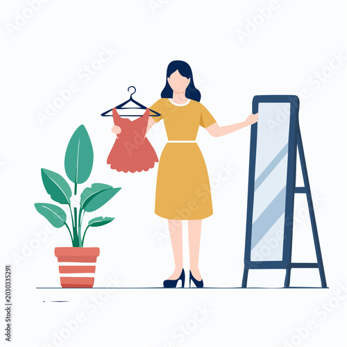Woman Choosing Dress in Front of Mirror