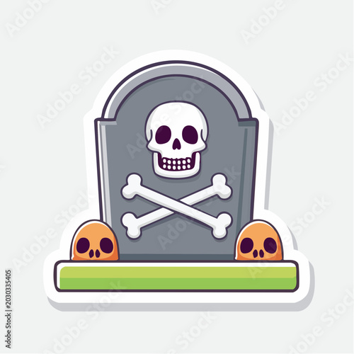 Cartoon Tombstone with Skull and Crossbones and Emerging Skulls
