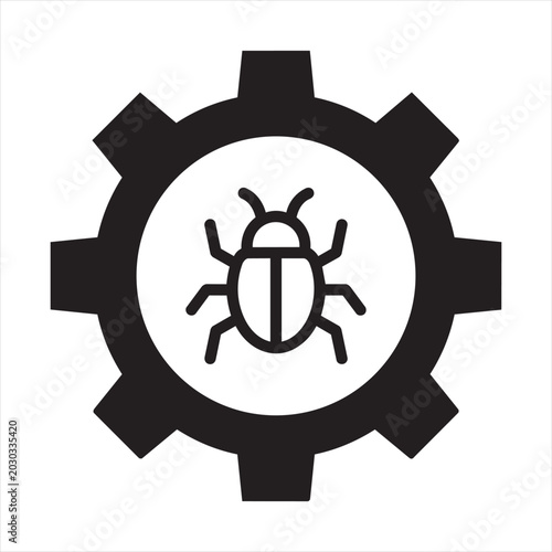 Bug icon inside a gear symbolizing software error or technical issue software technical malfunction computer programming debugging mechanism industry technology creature operation