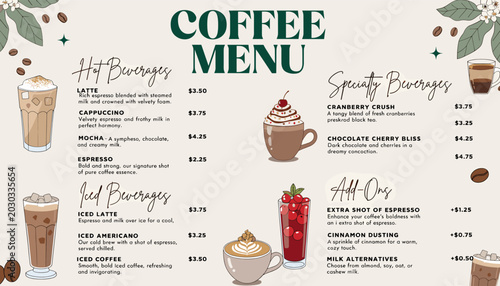 Foto A visually appealing coffee menu featuring a variety of hot and iced beverages, specialty drinks, and add-ons, presented with charming illustrations
