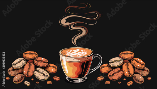 Slika na platnu Stylized illustration of a steaming hot coffee cup with latte art surrounded by roasted coffee beans on a dark background