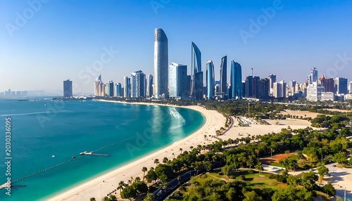 Aerial view of a coastal city with modern skyscrapers and beach