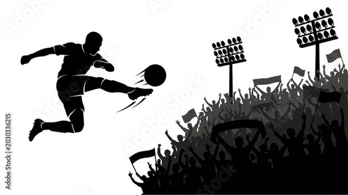 Soccer player kicking ball, stadium crowd silhouette, sports vector icon, football match, athletic action