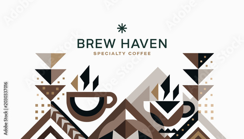 Foto Brew Haven Specialty Coffee logo featuring geometric patterns and steaming coffee cups, evoking a modern and artisanal brand identity