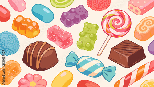 Foto A vibrant and colorful assortment of various candies including gummy bears, jelly beans, lollipops, and chocolates, creating a delightful pattern