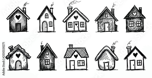 Ten unique hand drawn house illustrations featuring decorative heart shapes and smoking chimneys in black ink