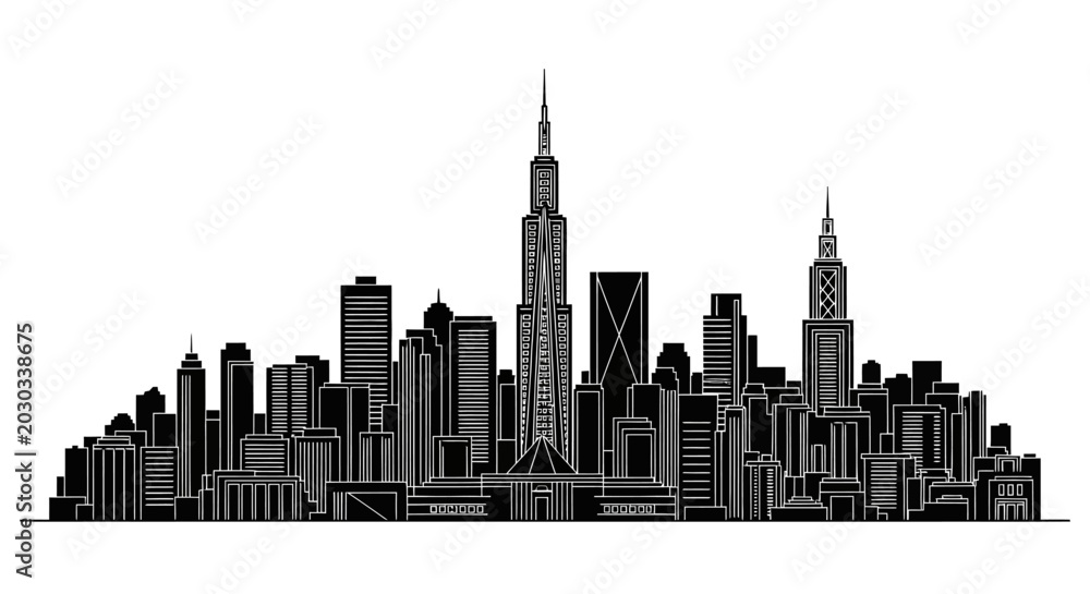 Fototapeta premium Chicago City Skyline Silhouette, Minimalist Urban Architecture Vector