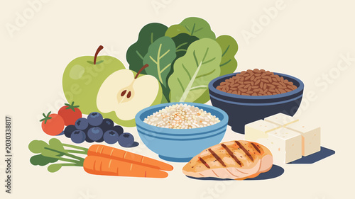 Картината върху платно A vibrant assortment of healthy foods including fruits, vegetables, grains, and lean protein, arranged attractively on a light background