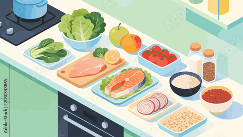 Cuadro en lienzo A vibrant and detailed isometric illustration showcasing a variety of fresh ingredients meticulously arranged on a kitchen counter, ready for culinary preparation