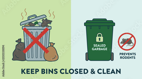 Bild auf Leinwand Keep Bins Closed and Clean Infographic for Rodent Prevention